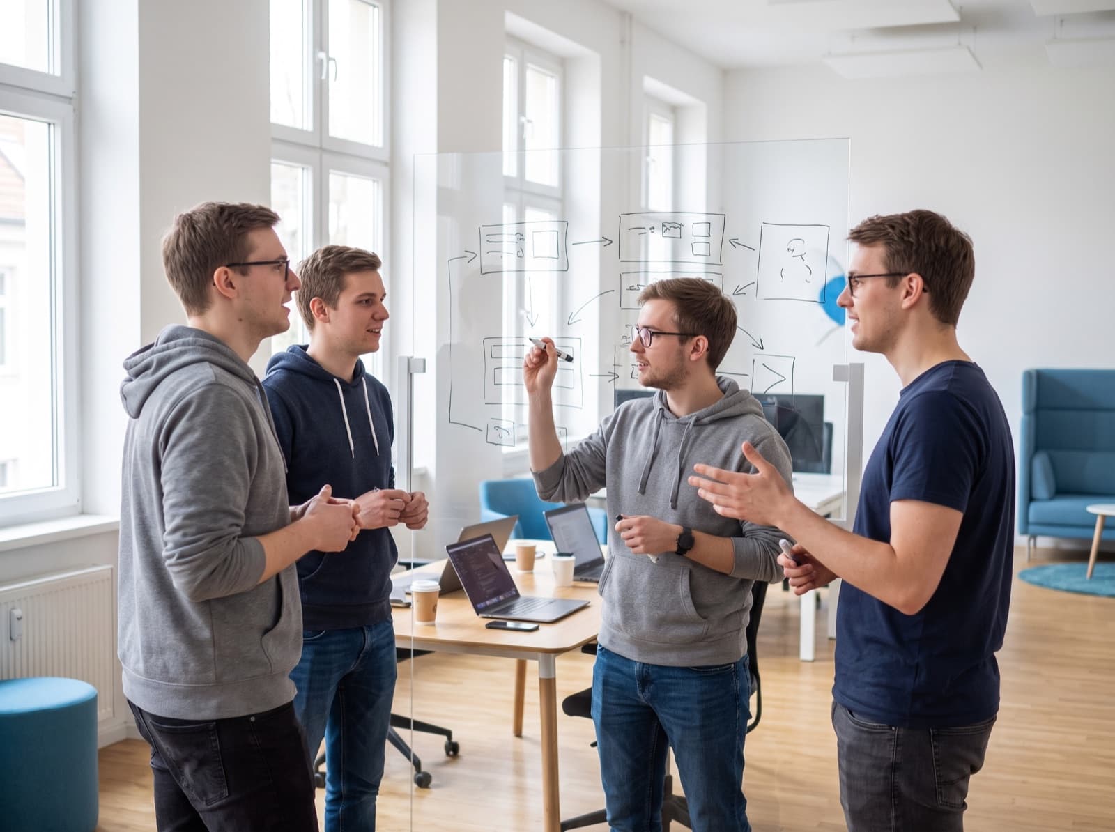 Das KI-Team von ClinicOS diskutiert eine Agenten-Architektur am Whiteboard